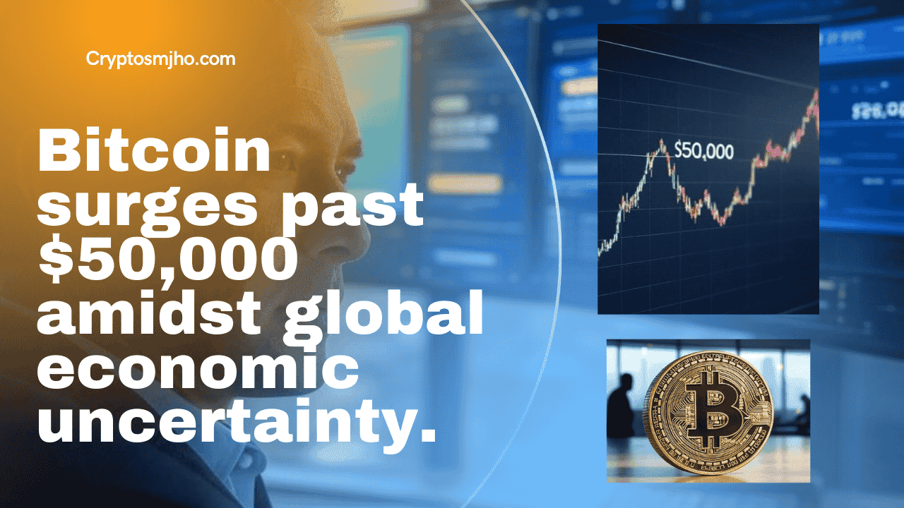 Bitcoin surges past $50,000 amidst global economic uncertainty.